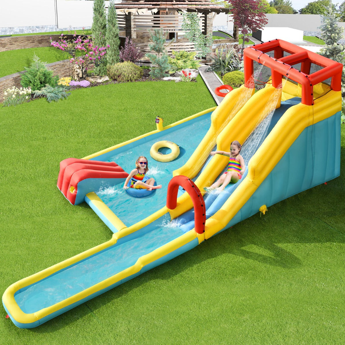 7 in 1 Inflatable Water Park Dual Long Slide Jumping Bounce House without Blower