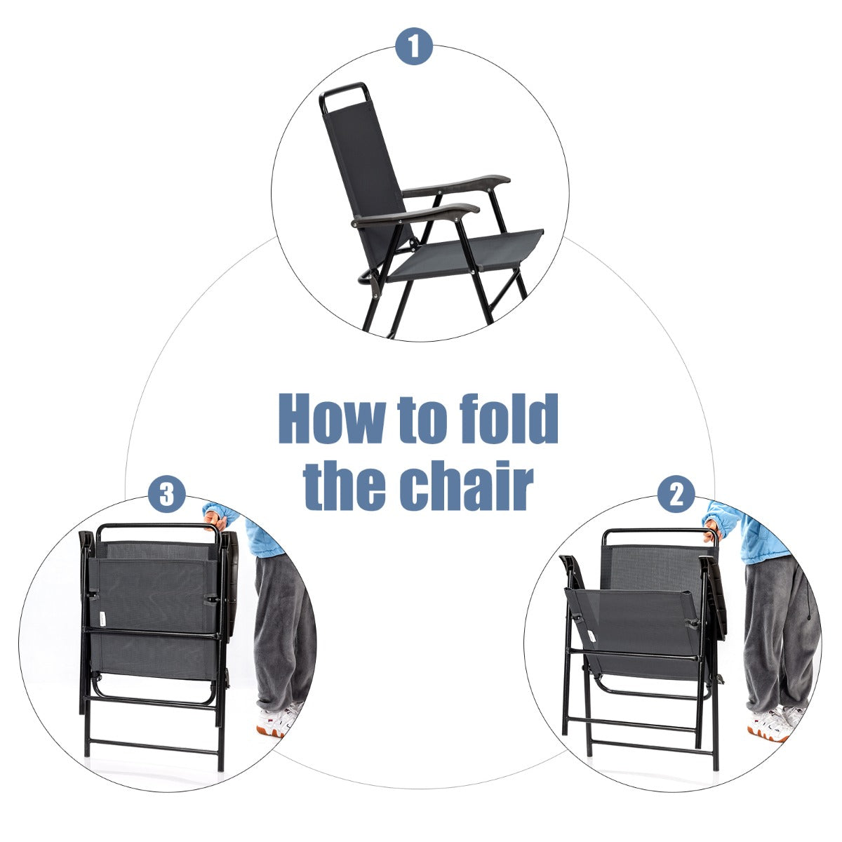 Grey folding patio chairs are easy to wipe clean and maintain after outdoor use