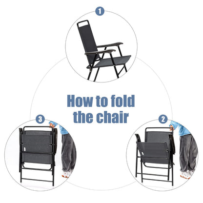 Grey folding patio chairs are easy to wipe clean and maintain after outdoor use