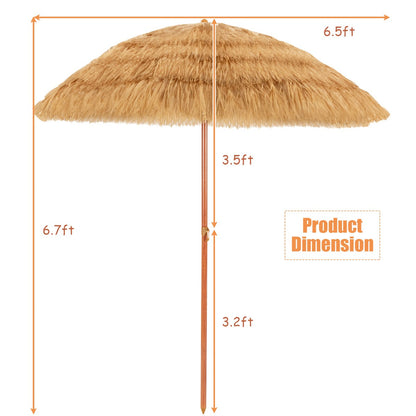 Tilting thatch tiki patio umbrella creates tropical shade for beaches, pools, gardens, lawns, and patios