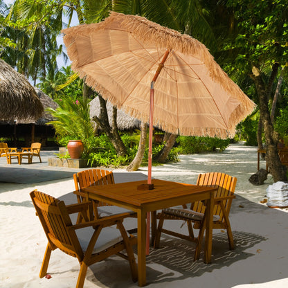 Sun-resistant patio umbrella canopy helps block ultraviolet rays while creating a tropical atmosphere