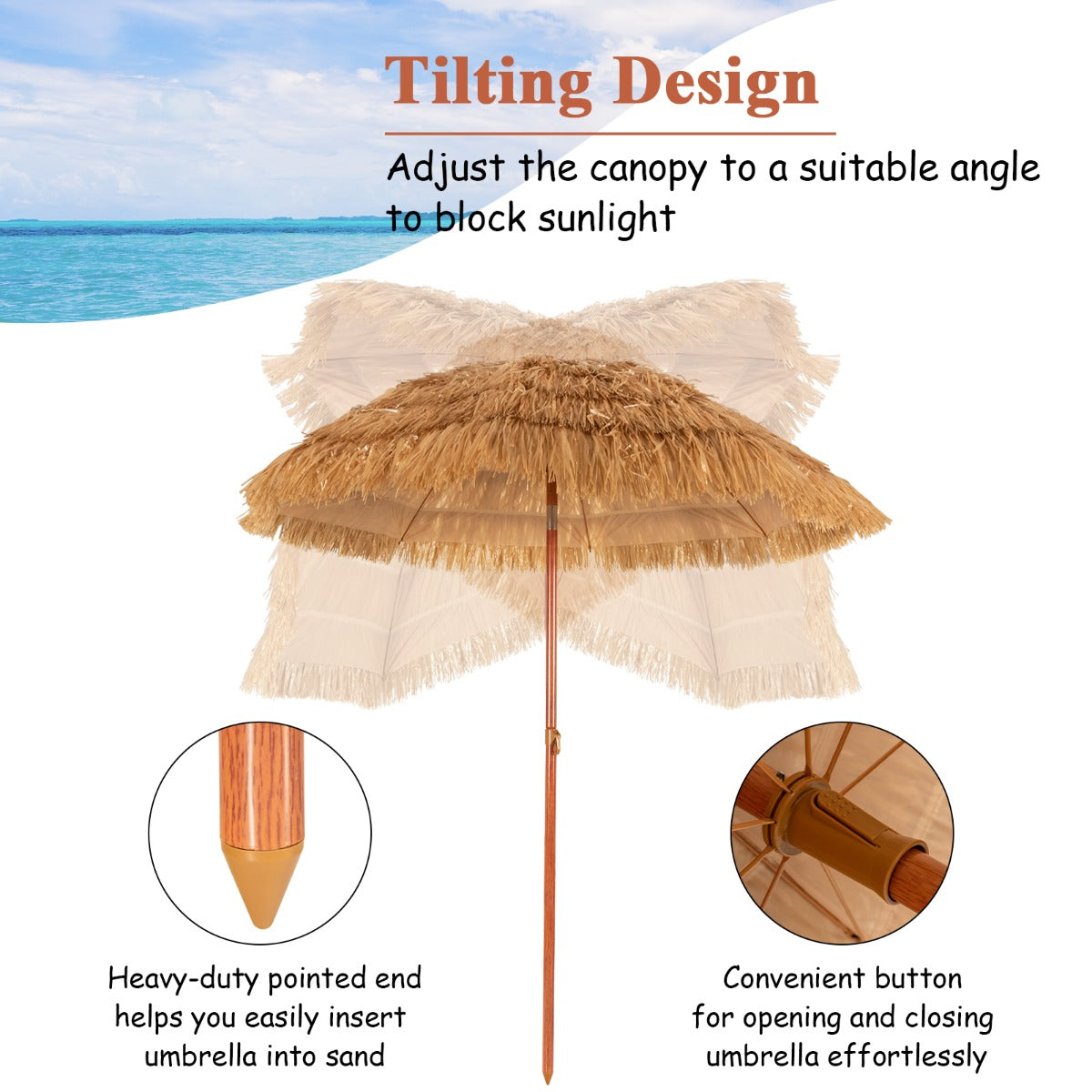 Outdoor tropical sunshade is ideal for patios, beaches, poolside areas, picnics, lawns, and backyards