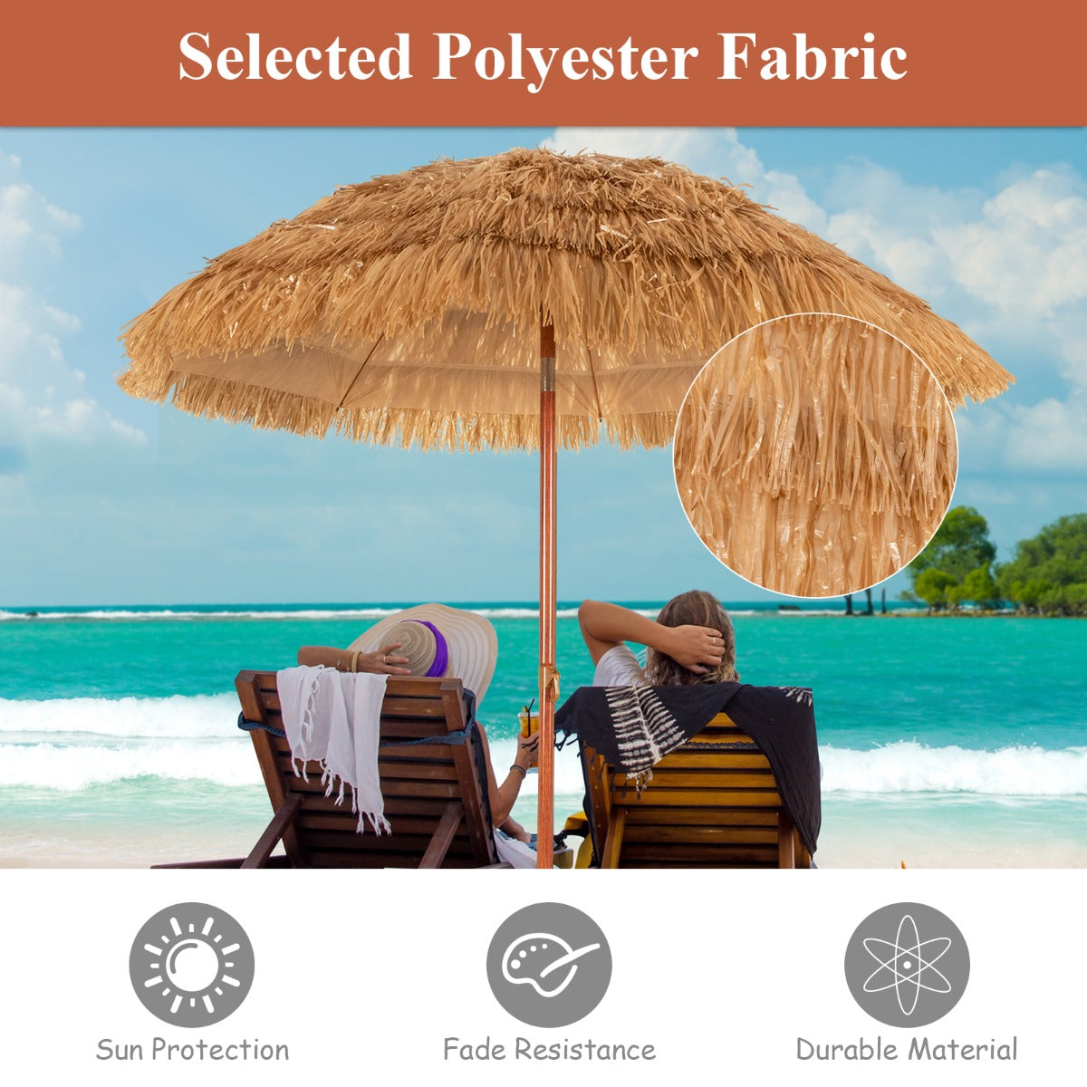 Costway 2m Thatch Umbrella Tilting Outdoor Beach Patio Sun Shelter Parasol