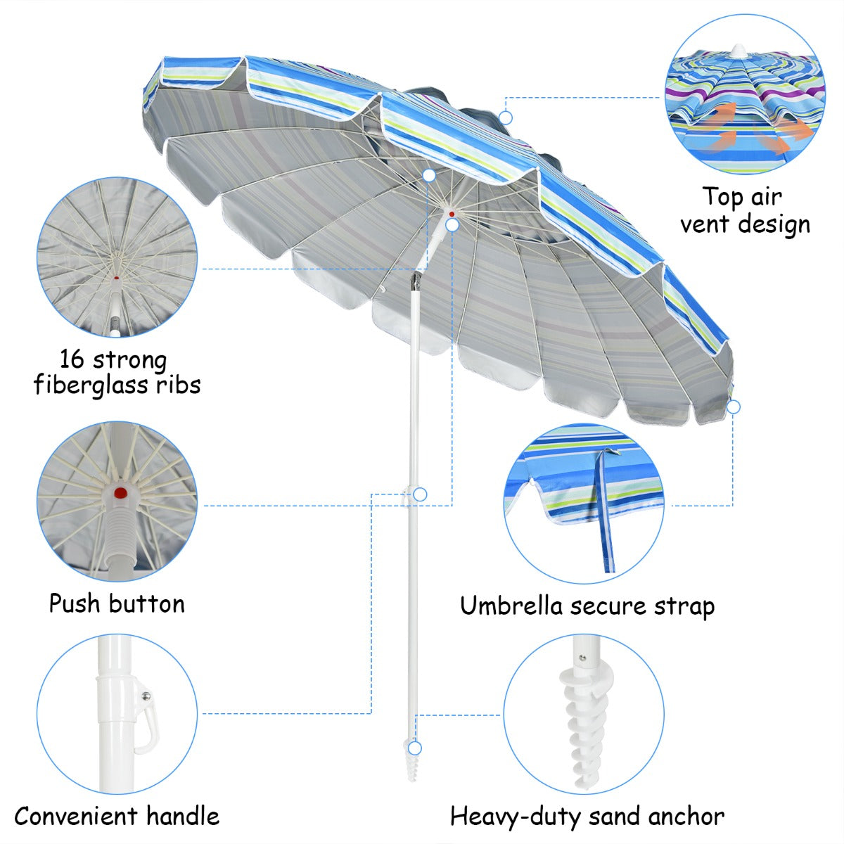Portable beach parasol disassembles easily for transport and compact storage after outdoor activities