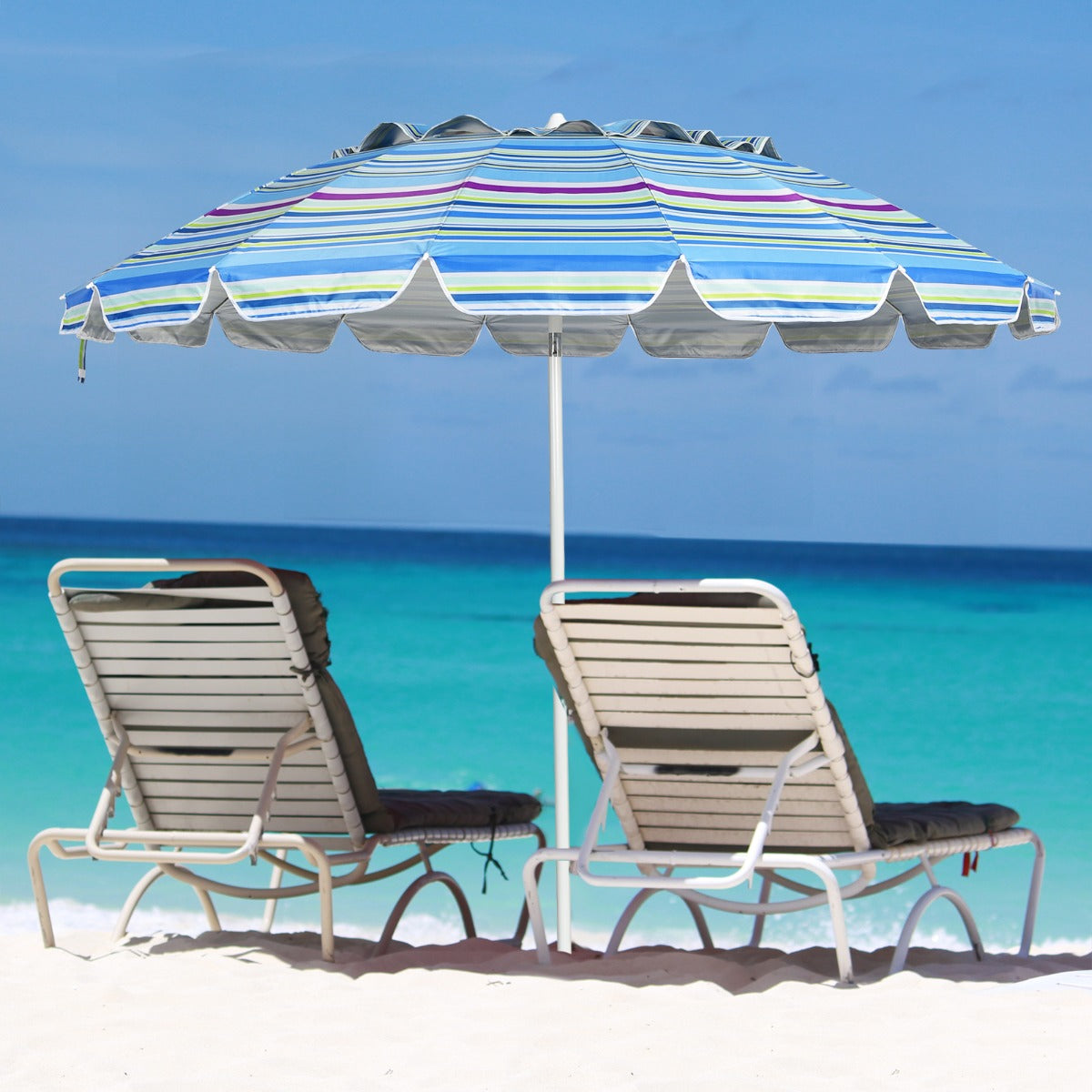 Detachable sand anchor helps secure the portable umbrella on beaches and other soft ground surfaces