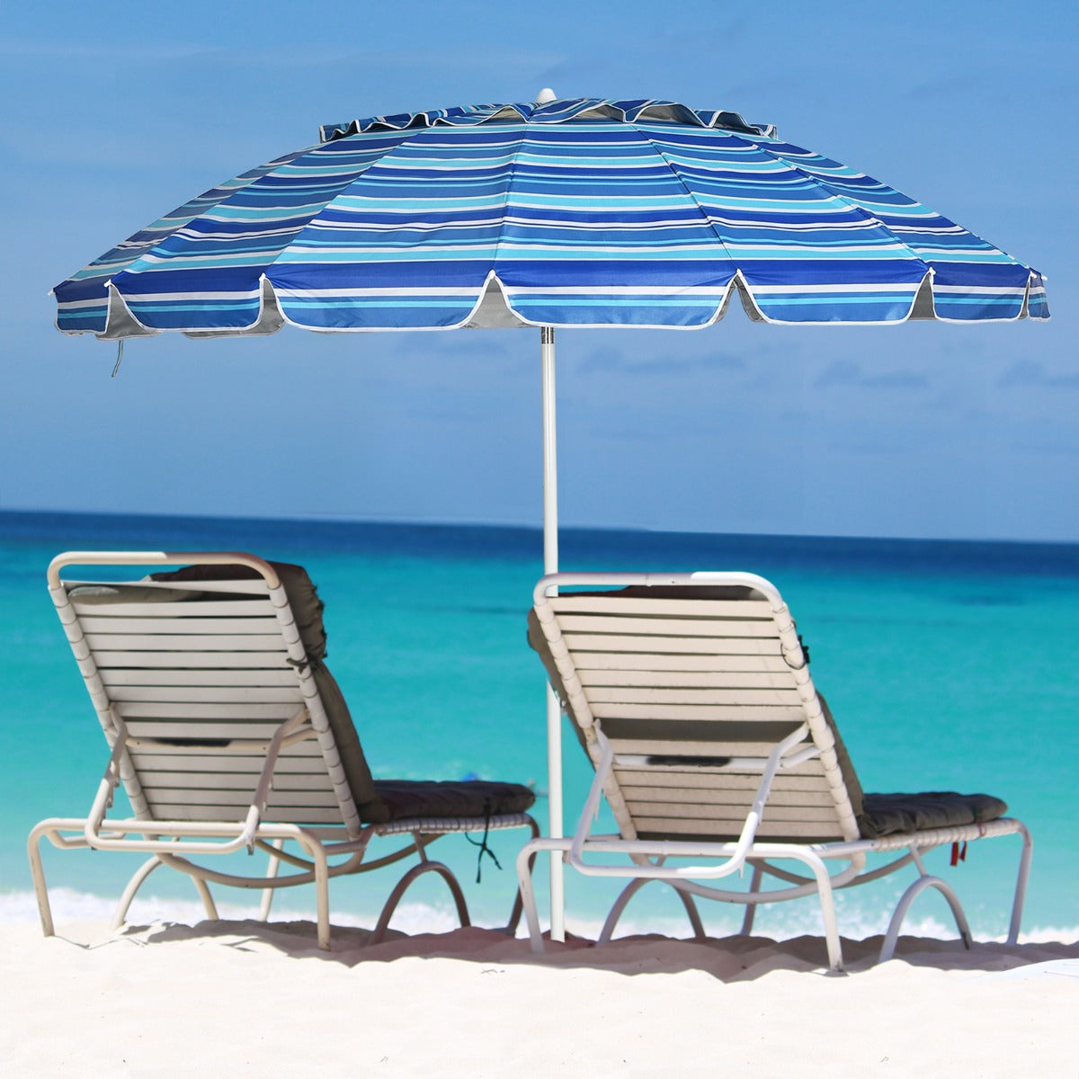 Detachable sand anchor helps secure the portable umbrella on beaches and other soft ground surfaces