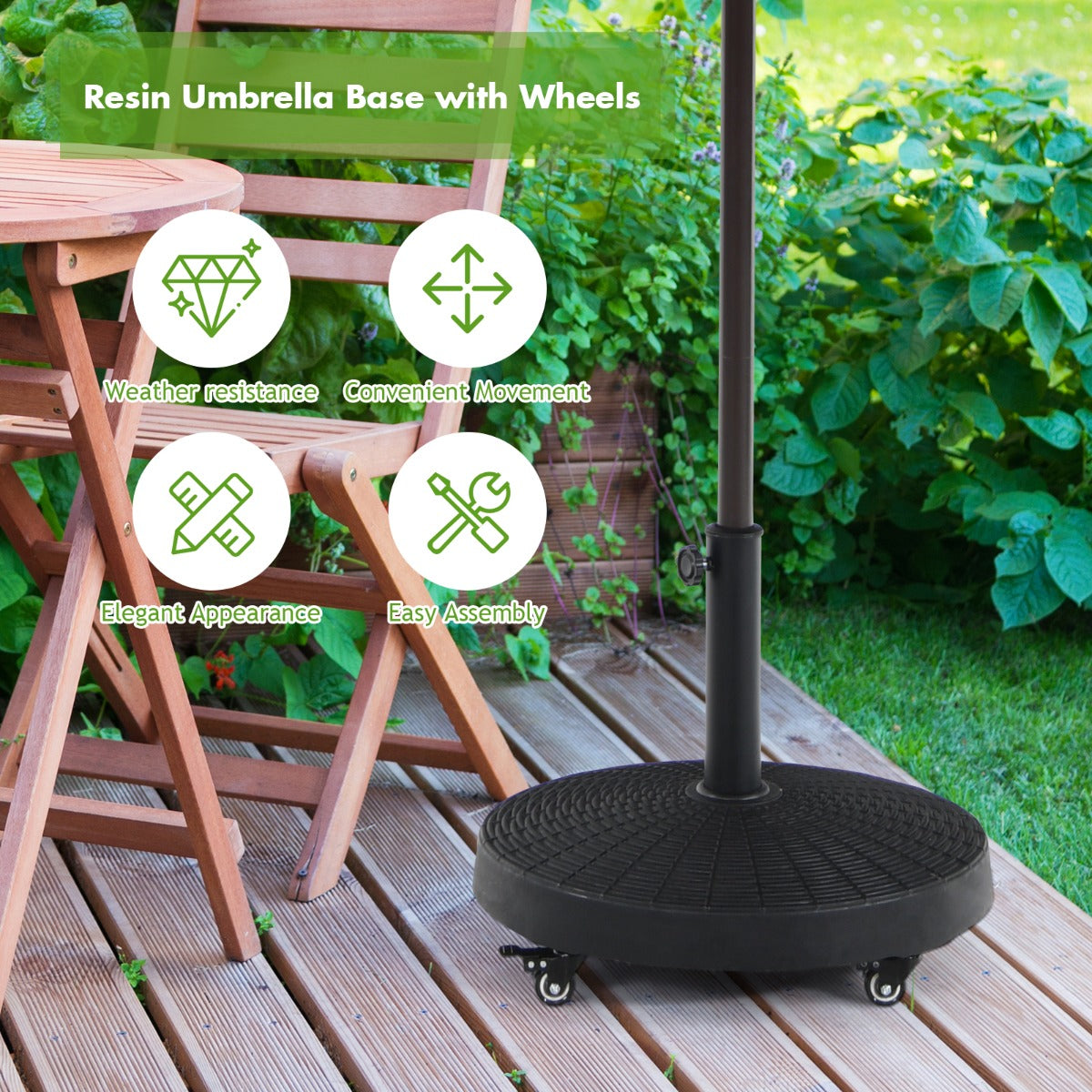 Costway Round Resin Umbrella Base with Lockable Wheels for Yard