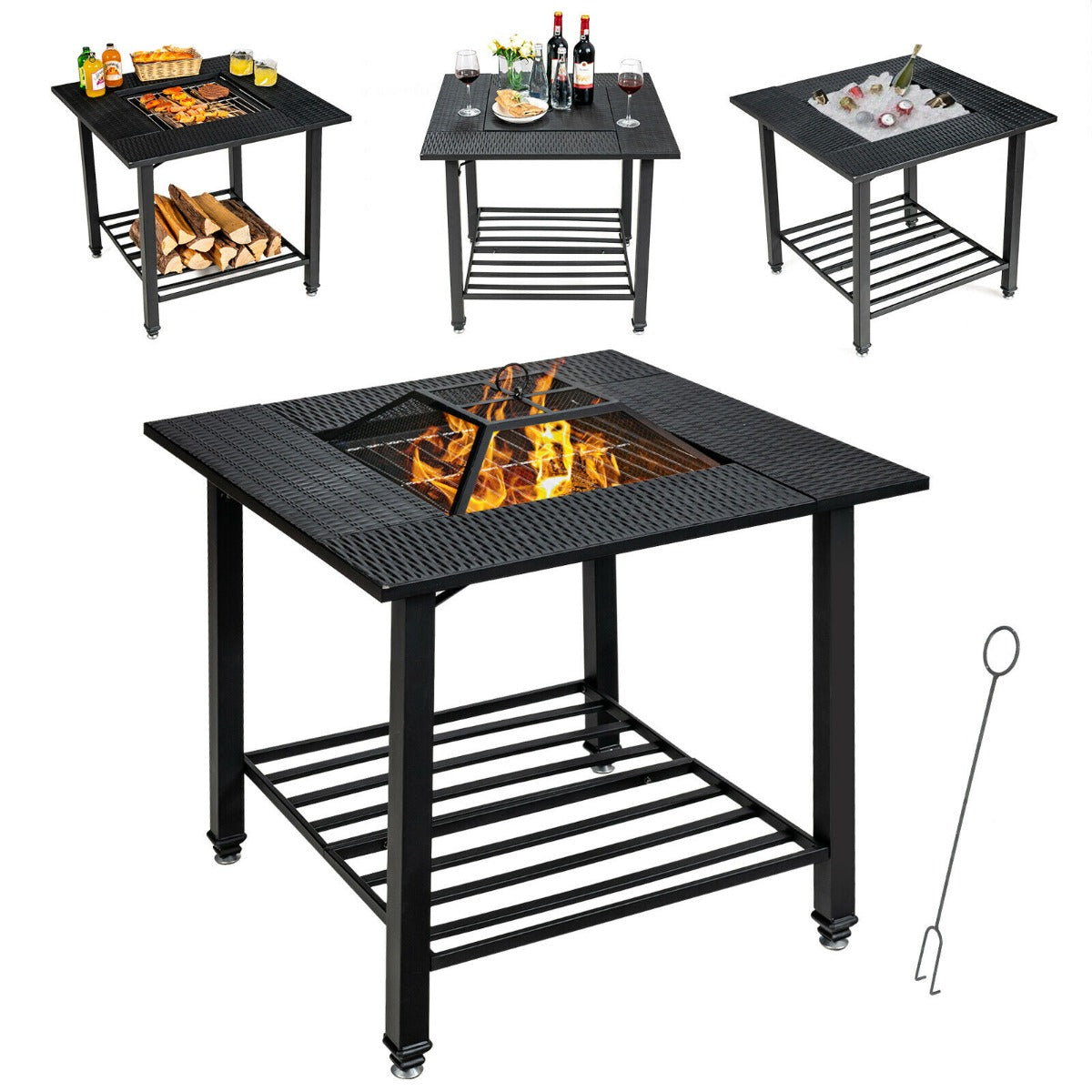 Costway Outdoor Fire Pit Dining Table with Mesh Cover for Poolside