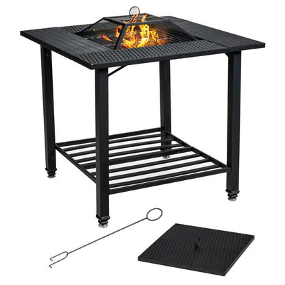 Outdoor 4-in-1 Fire Pit Table with Mesh Cover, BBQ Grill, and Ice Bucket