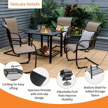 Outdoor 4-in-1 Fire Pit Table with Mesh Cover, BBQ Grill, and Ice Bucket