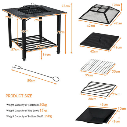 Outdoor 4-in-1 Fire Pit Table with Mesh Cover, BBQ Grill, and Ice Bucket