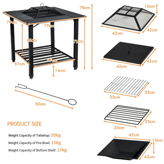 Outdoor 4-in-1 Fire Pit Table with Mesh Cover, BBQ Grill, and Ice Bucket
