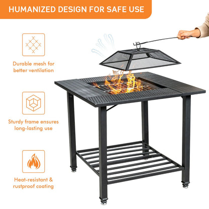 Outdoor 4-in-1 Fire Pit Table with Mesh Cover, BBQ Grill, and Ice Bucket