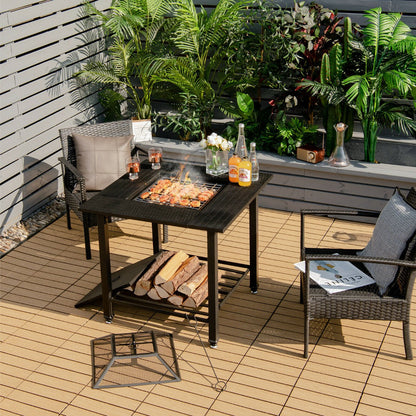 Outdoor 4-in-1 Fire Pit Table with Mesh Cover, BBQ Grill, and Ice Bucket