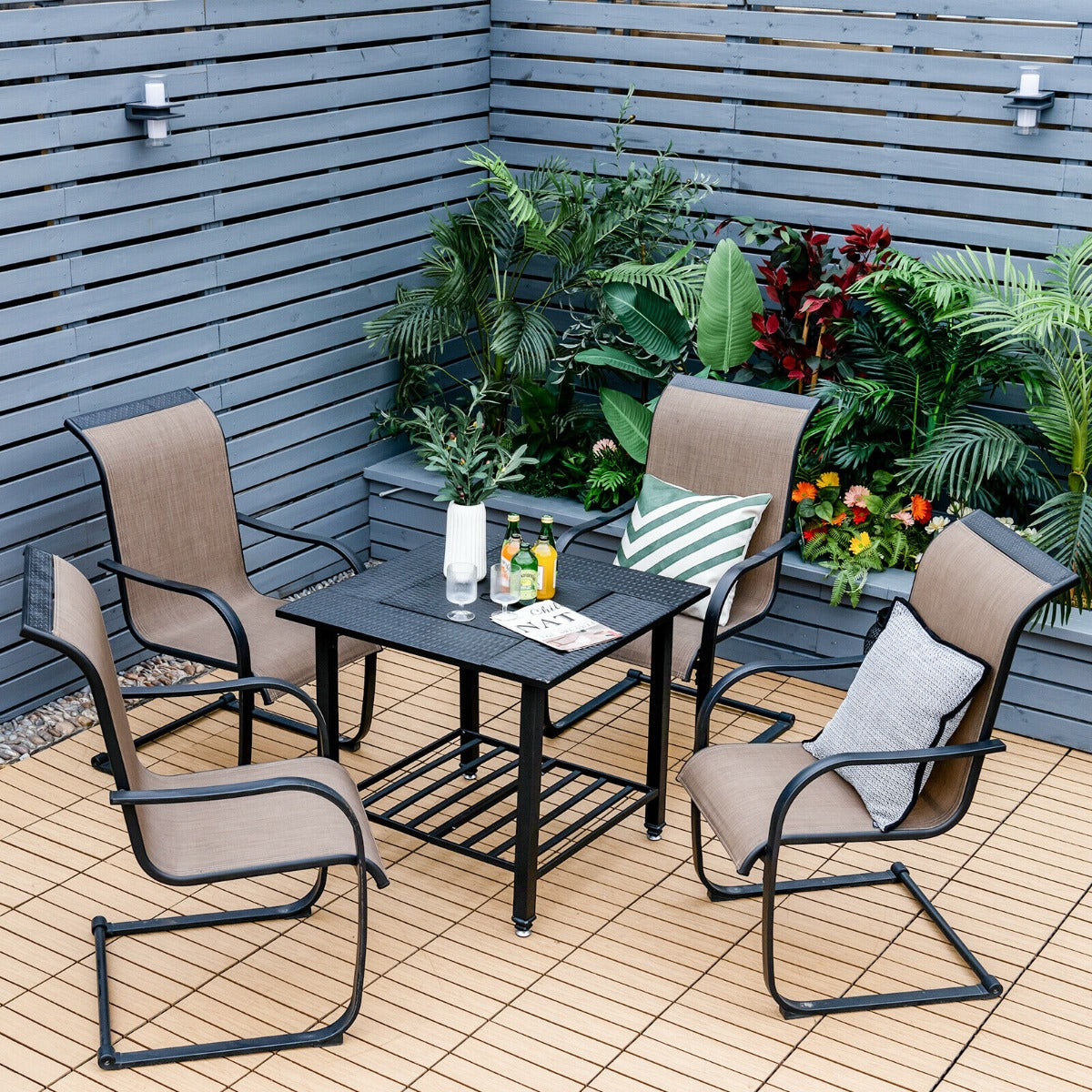 Costway Outdoor Fire Pit Dining Table with Mesh Cover for Poolside