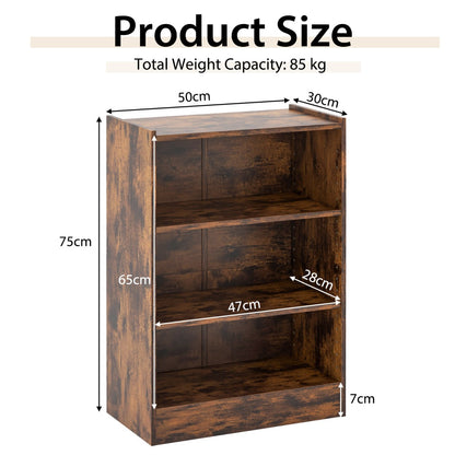 Three-tier open bookcase with adjustable shelves for books, plants, photos and home decorations