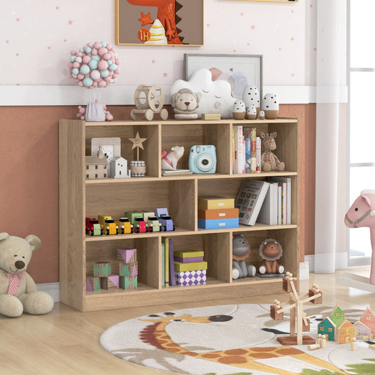 Costway 3-Tier Open Bookshelf Storage Cabinet with 8 Cubies-Natural