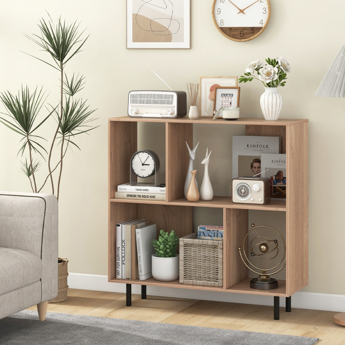 Open Shelf Bookcase with 4 Compartments for Living Room Bedroom-Natural
