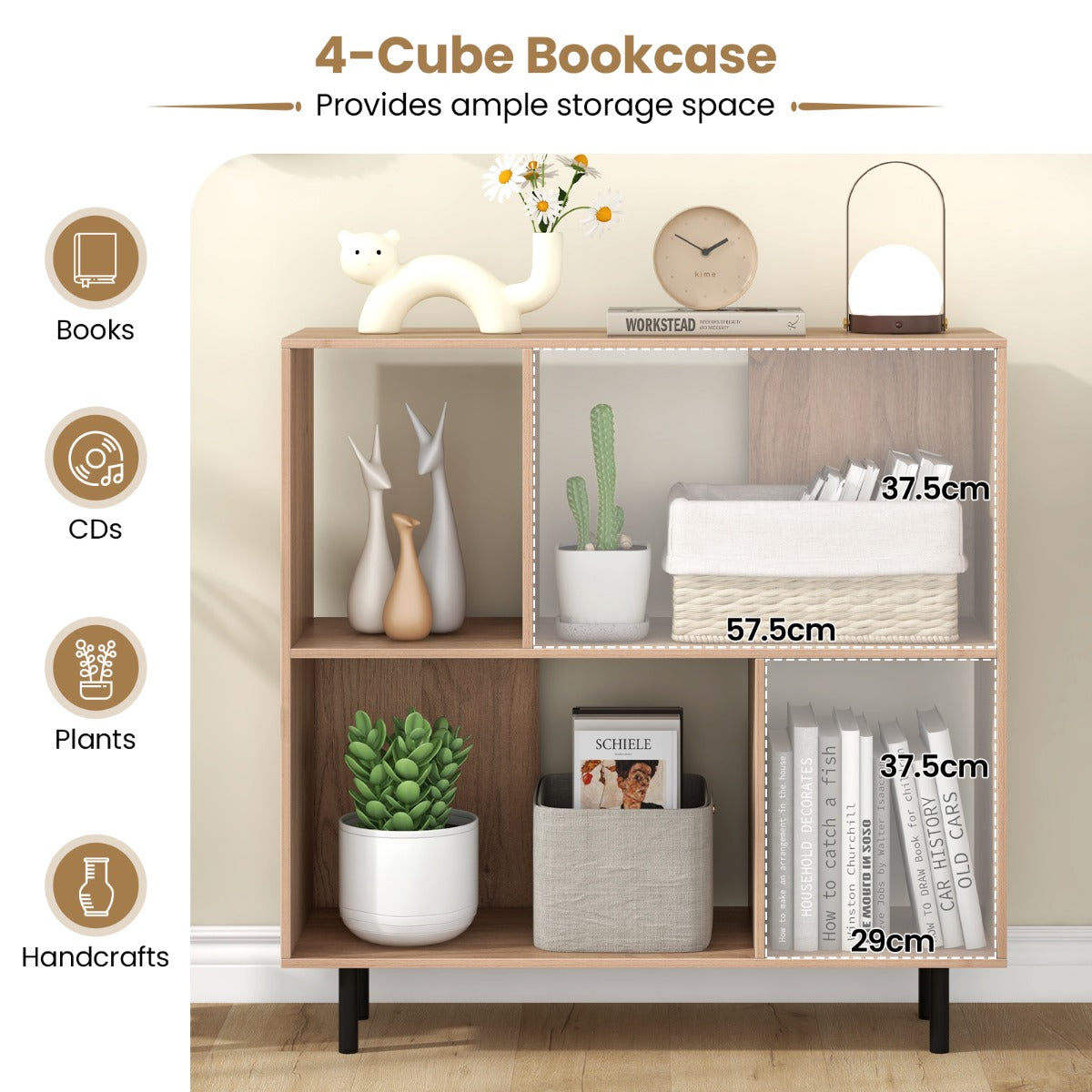 Open Shelf Bookcase with 4 Compartments for Living Room Bedroom-Natural