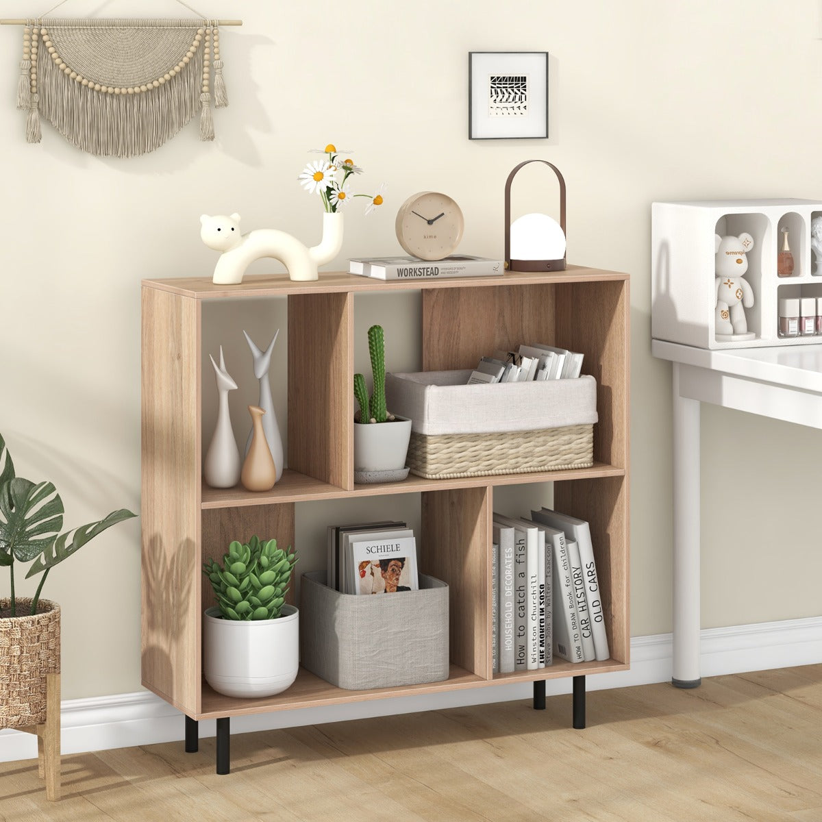 Open Shelf Bookcase with 4 Compartments for Living Room Bedroom-Natural