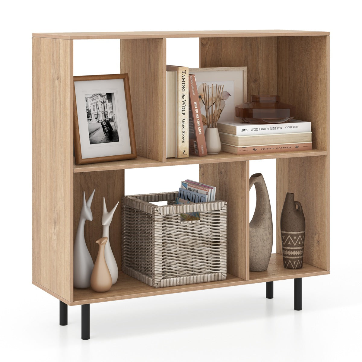Open Shelf Bookcase with 4 Compartments for Living Room Bedroom-Natural