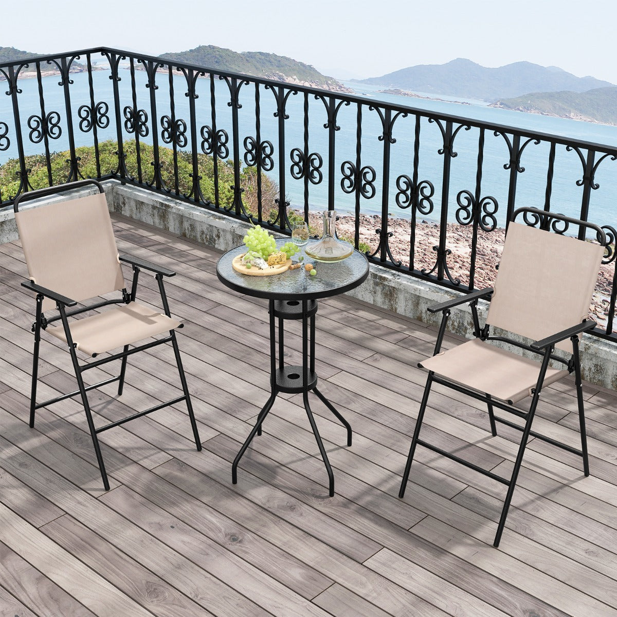 Space-saving folding chairs make this outdoor bar furniture set easy to store and transport