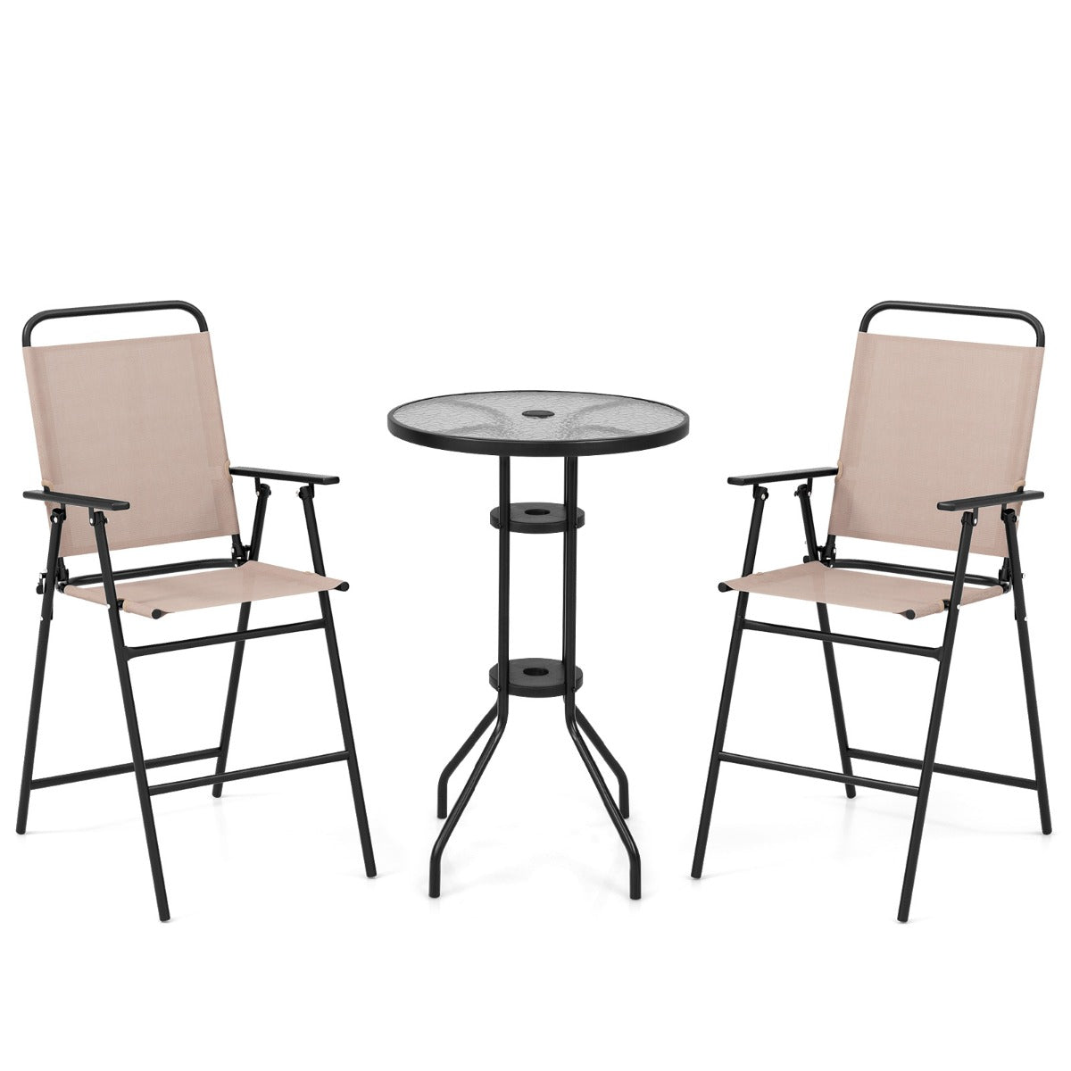 Beige outdoor bar table set with durable round tempered glass tabletop for drinks and snacks