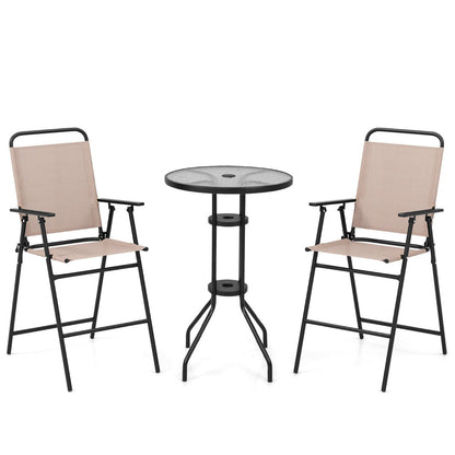 Beige outdoor bar table set with durable round tempered glass tabletop for drinks and snacks