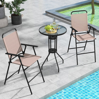 Outdoor bar table includes an umbrella hole and fixing brackets for comfortable shade outdoors