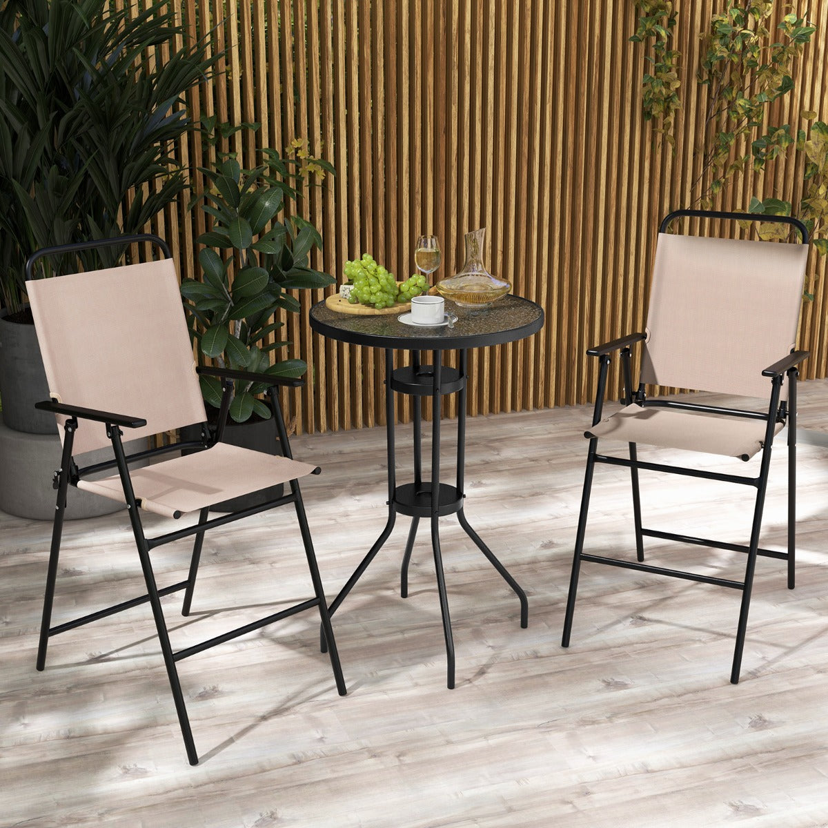 Round glass outdoor bar table with stable bowed legs and non-slip foot pads for safety