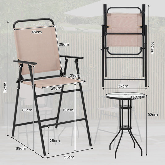 Outdoor bar table set with tempered glass top, umbrella hole, and two folding chairs for patios