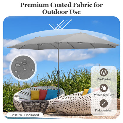 Large garden umbrella features three top vents that promote airflow and improve comfort underneath