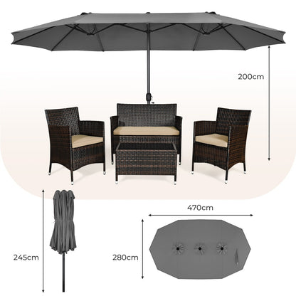 Costway 4.7M Double-Sided Patio Umbrella with Hand-Crank System and Air Vents-Grey