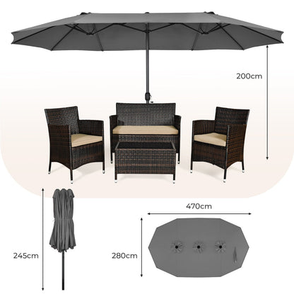 Double-sided patio umbrella with a 470 cm canopy provides generous shade for outdoor furniture and guests