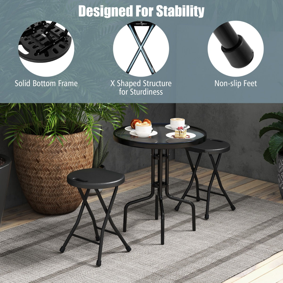 Four compact stools provide convenient extra seating for indoor and outdoor activities