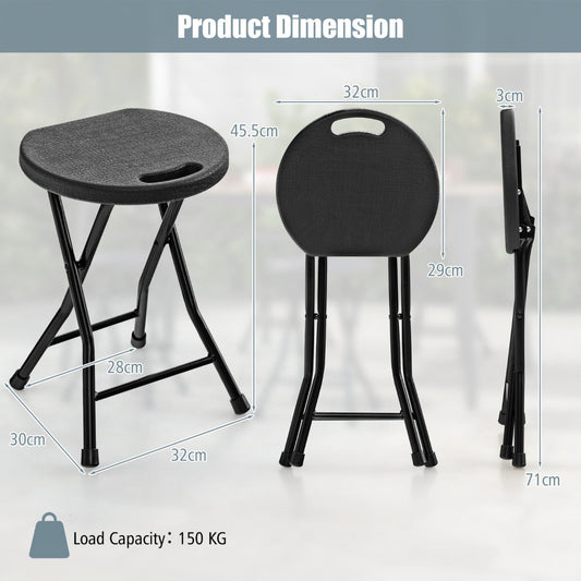 Set of four black folding stools with compact storage design and built-in carrying handles