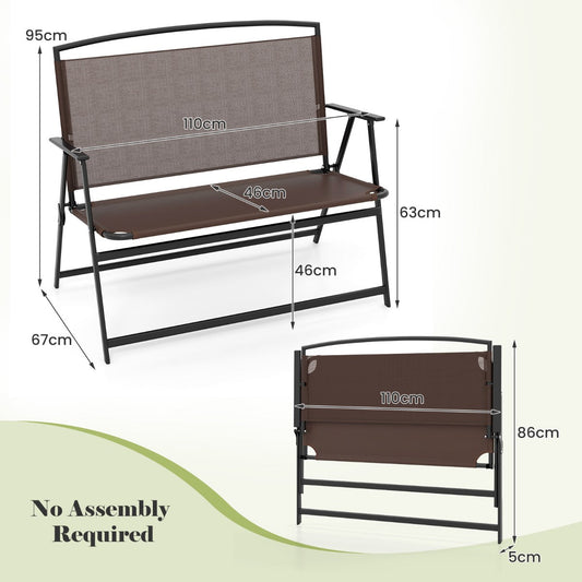 Foldable outdoor garden bench with breathable fabric, ergonomic backrest and armrests for two people