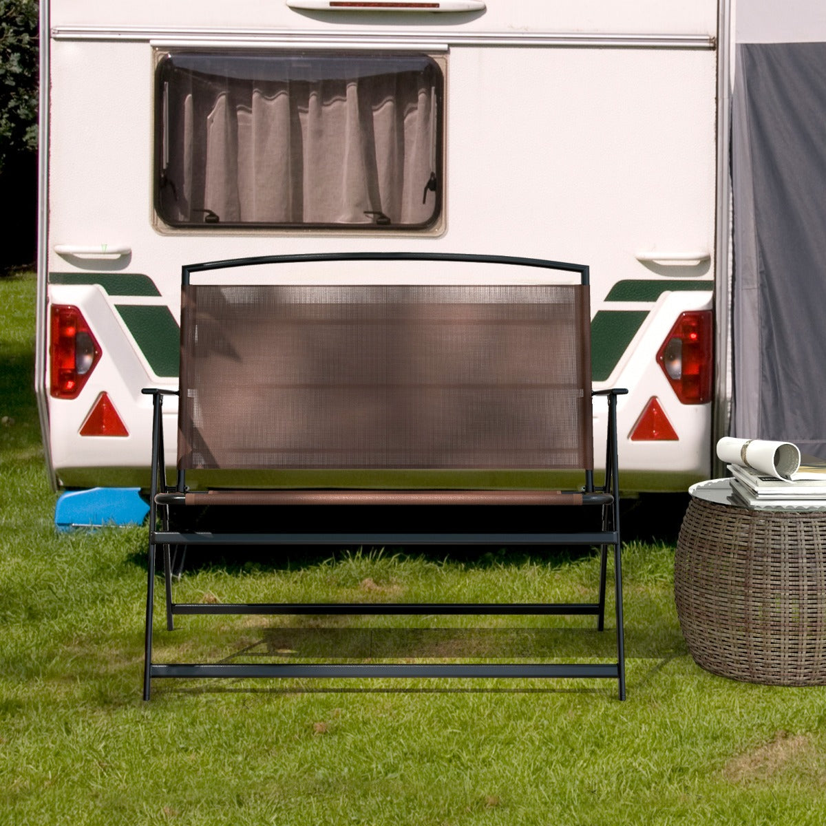 Folding garden bench collapses flat for convenient transport, storage and quick setup when needed