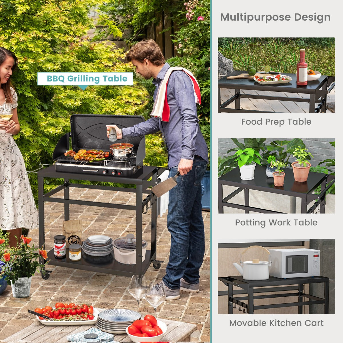 Mobile outdoor grill cart with 360-degree wheels and side handle for easy movement around the patio