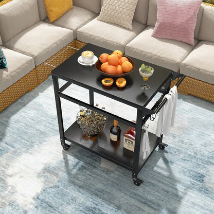 Double-shelf BBQ cart keeps utensils, fuel, cookware and ingredients organized during outdoor cooking