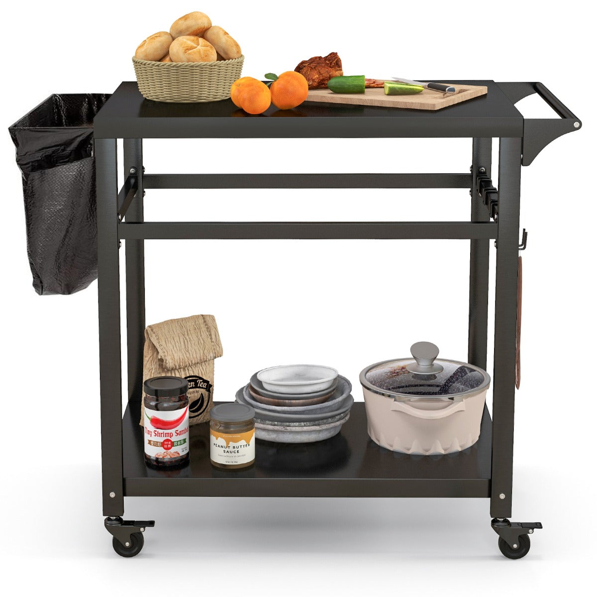 Outdoor serving cart includes a garbage bag rack for collecting food waste during parties