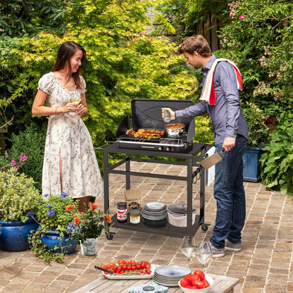 Portable pizza oven stand with removable hooks and towel rack for convenient tool storage