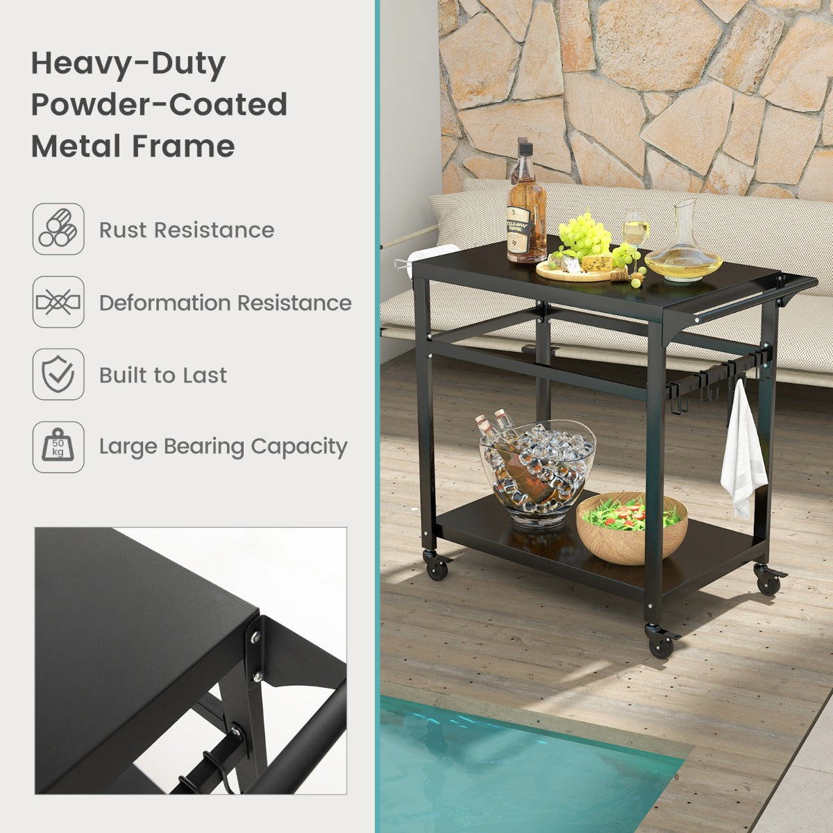 Stable metal food prep table with reinforced bars and four sturdy supporting legs