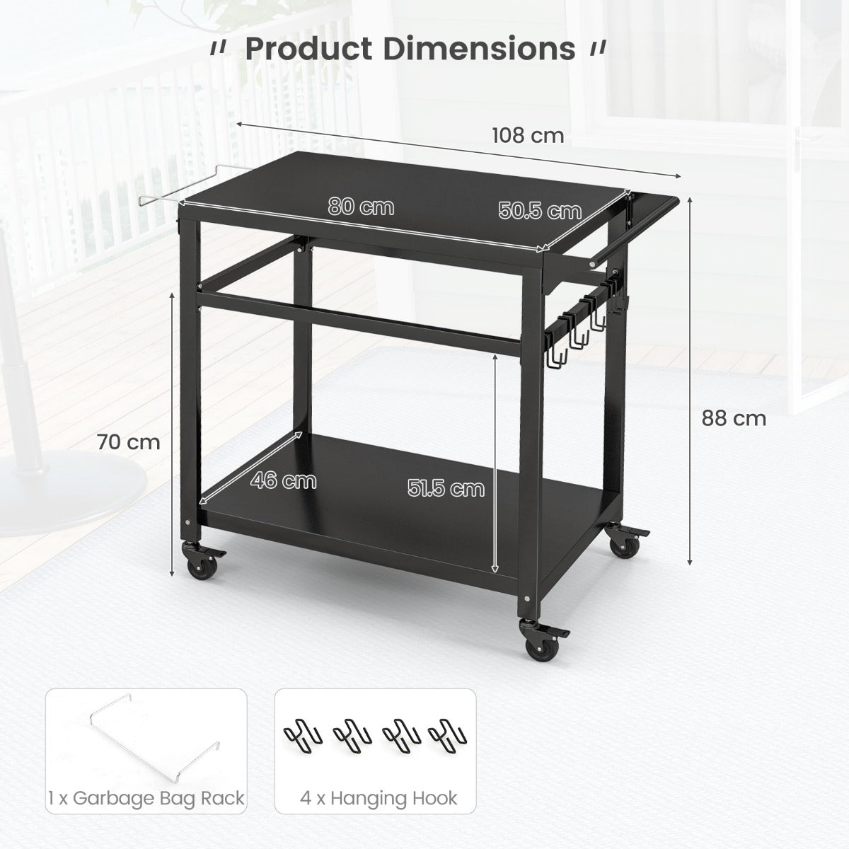 Outdoor BBQ grill cart with double shelves, hanging hooks, towel rack and four lockable swivel wheels