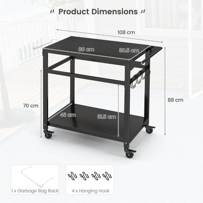 Outdoor BBQ grill cart with double shelves, hanging hooks, towel rack and four lockable swivel wheels