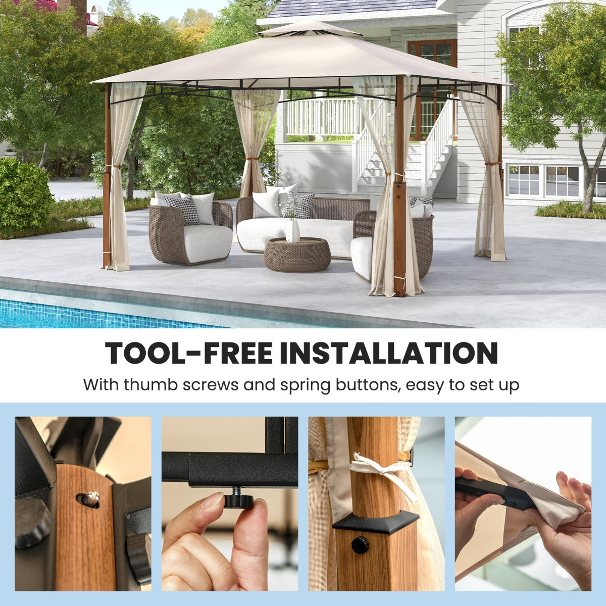 3.6M x 3M Outdoor Patio Gazebo with Netting and 2-Tier Canopy Roof-Beige