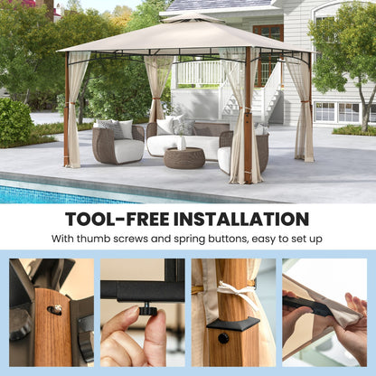 3.6M x 3M Outdoor Patio Gazebo with Netting and 2-Tier Canopy Roof-Beige
