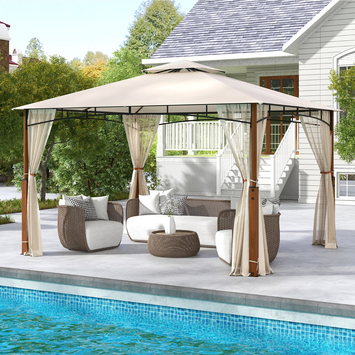 3.6M x 3M Outdoor Patio Gazebo with Netting and 2-Tier Canopy Roof-Beige