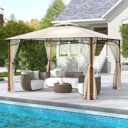 3.6M x 3M Outdoor Patio Gazebo with Netting and 2-Tier Canopy Roof-Beige