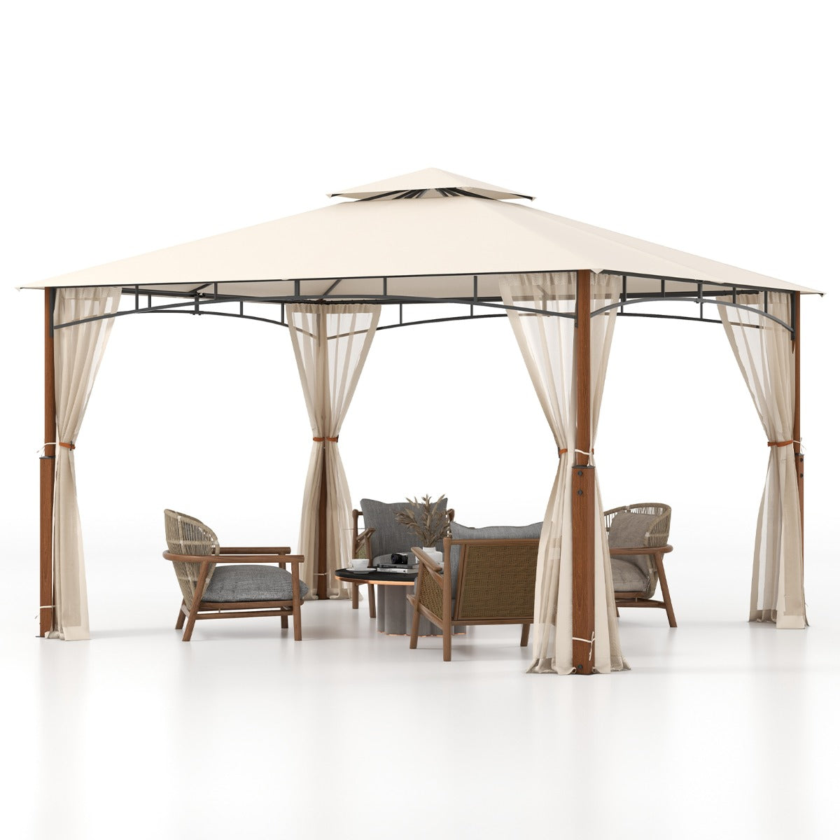 3.6M x 3M Outdoor Patio Gazebo with Netting and 2-Tier Canopy Roof-Beige